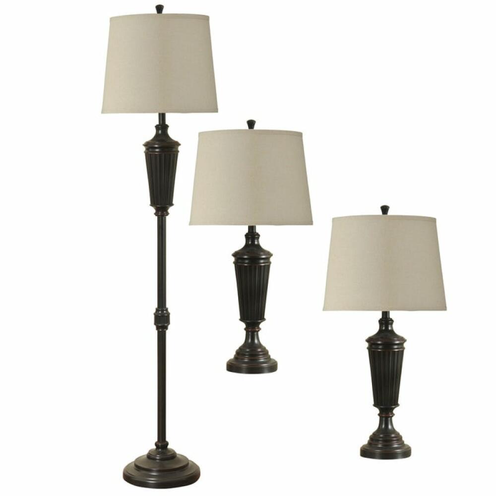 Bronze Wood Finish Metal Floor Lamp and set of Two Table Lamps