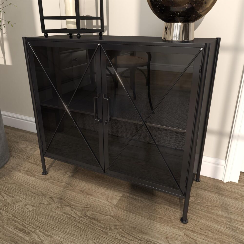 Black Metal Geometric 1 Shelf Cabinet With Glass Front Panels - Image 2