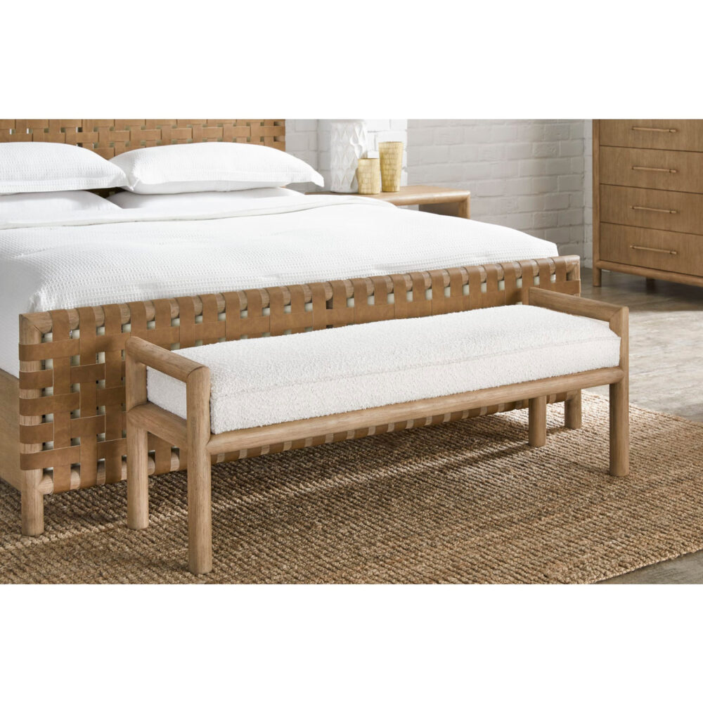 Boucle Upholstered Wooden Bench in Granola and Ricotta - Image 2