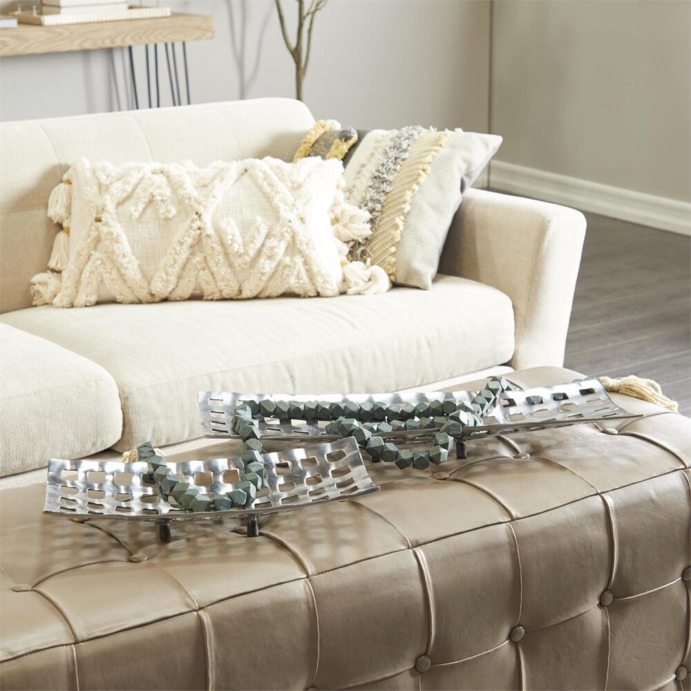 Silver Aluminum Metal Tray With Grid Design, Set Of 2 - Image 2