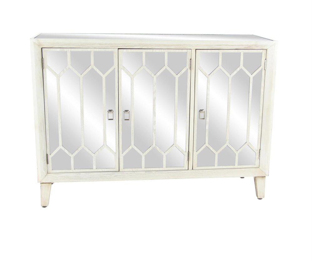 White Wood Geometric Mirrored 1 Shelf And 3 Doors Cabinet