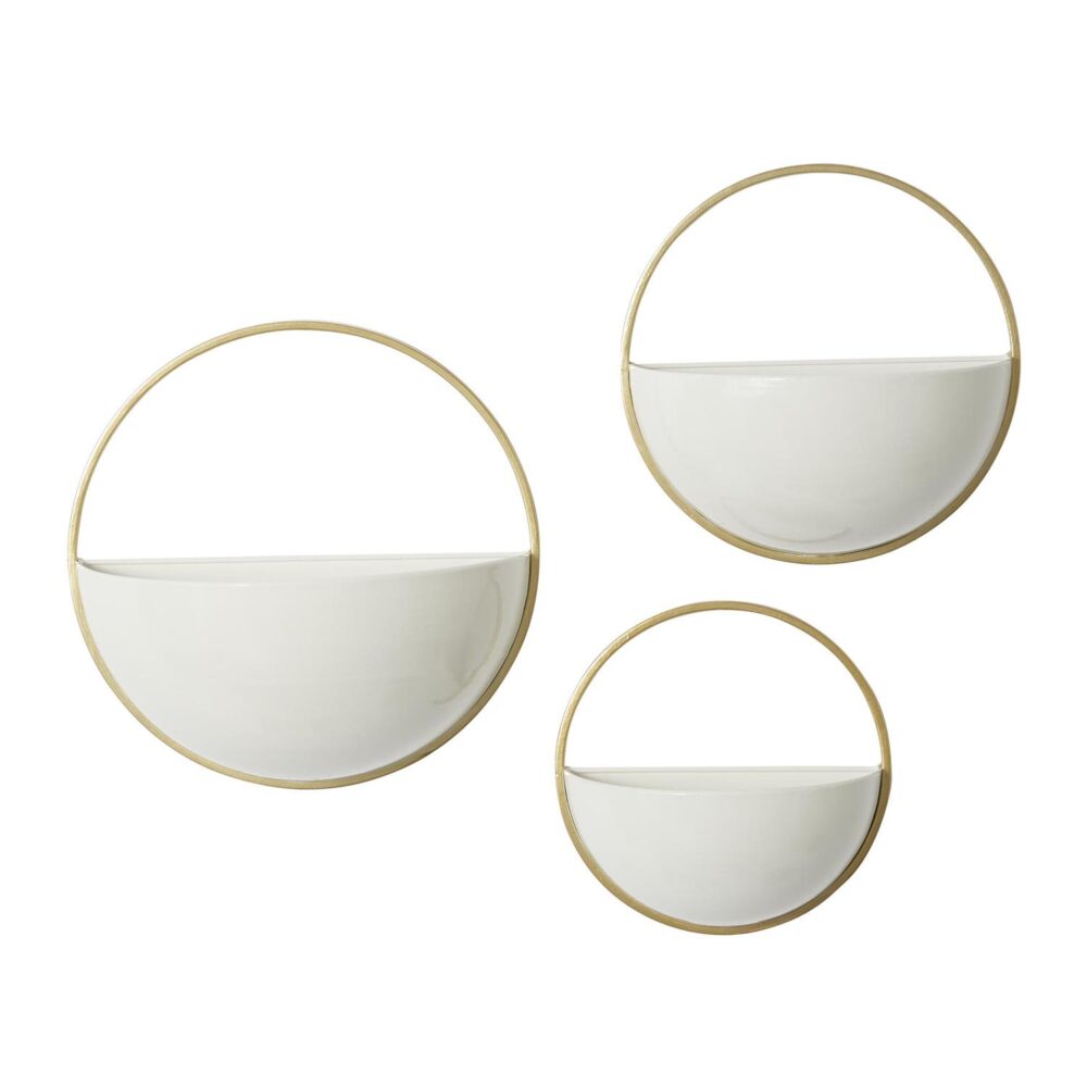 White Metal Geometric Indoor Outdoor Round Wall Planter