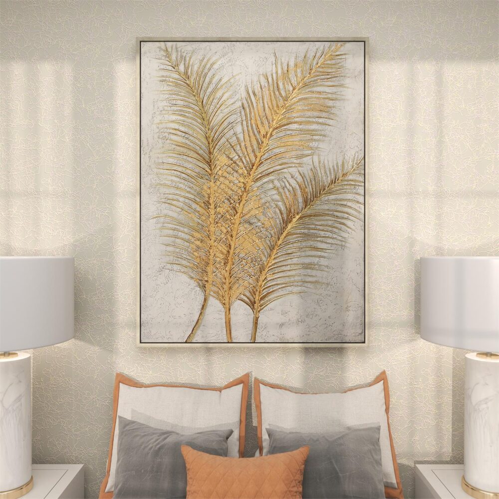 Gold Canvas Leaf Framed Wall Art With Silver Frame - Image 2