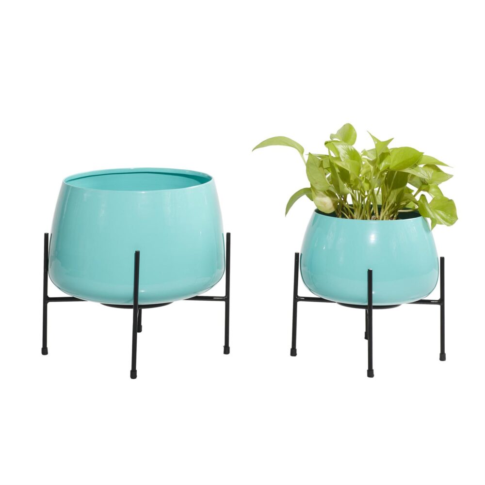 Teal Metal Rounded Dome Planter With Removable Black Stands