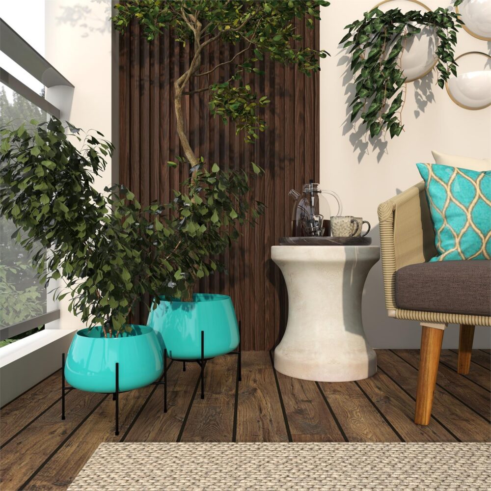 Teal Metal Rounded Dome Planter With Removable Black Stands - Image 2