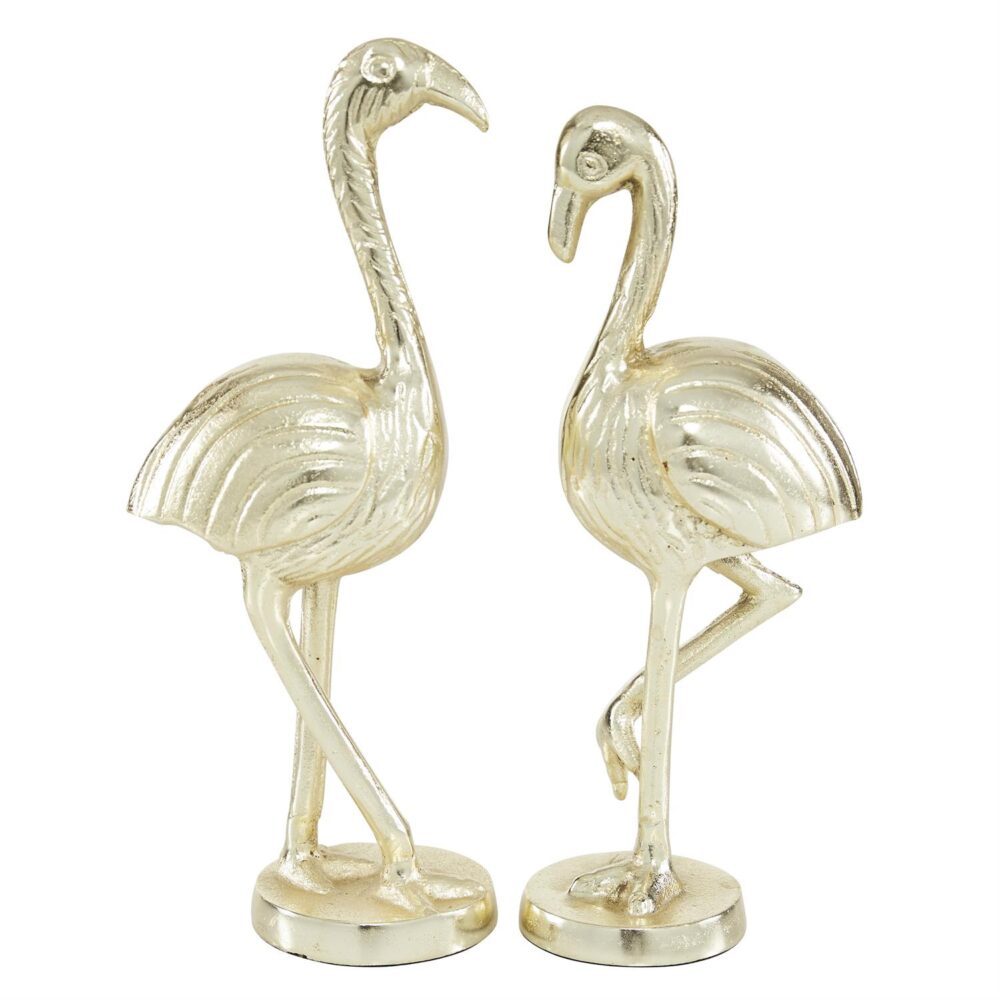Gold Aluminum Metal Flamingo Sculpture, Set of 2 12", 12"H