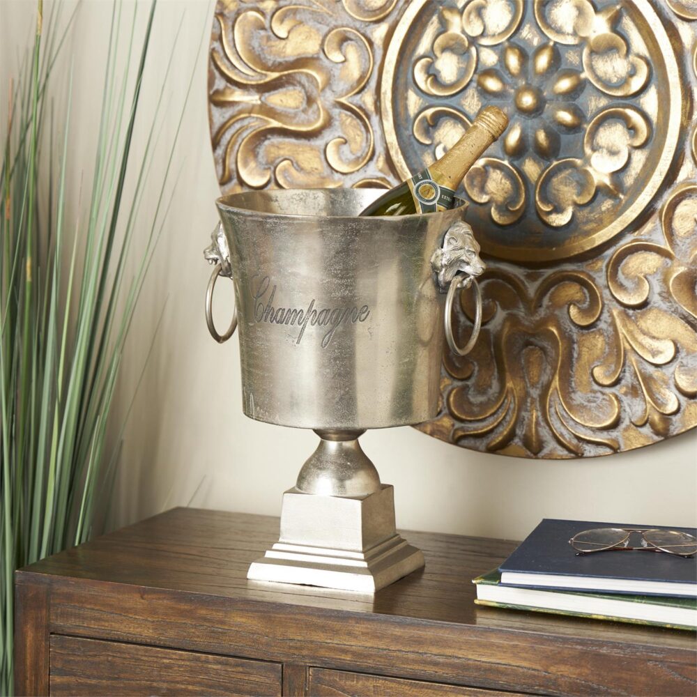 Silver Aluminum Metal 2 Bottle Ice Bucket with Champagne Text, 13" x 11" x 16" - Image 2
