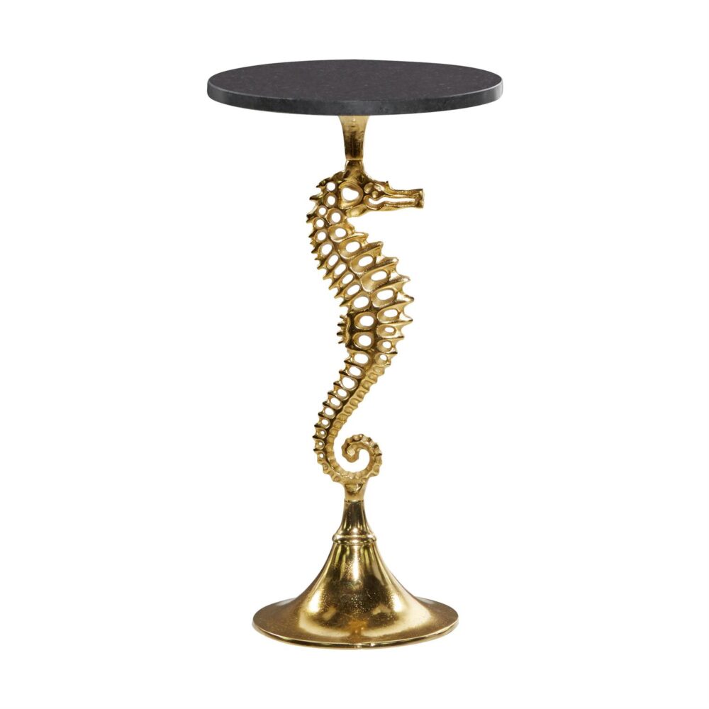 Gold Aluminum Metal Seahorse Accent Table with Black Marble Table Top, 13" x 13" x 25"