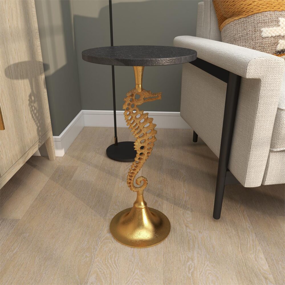 Gold Aluminum Metal Seahorse Accent Table with Black Marble Table Top, 13" x 13" x 25" - Image 2