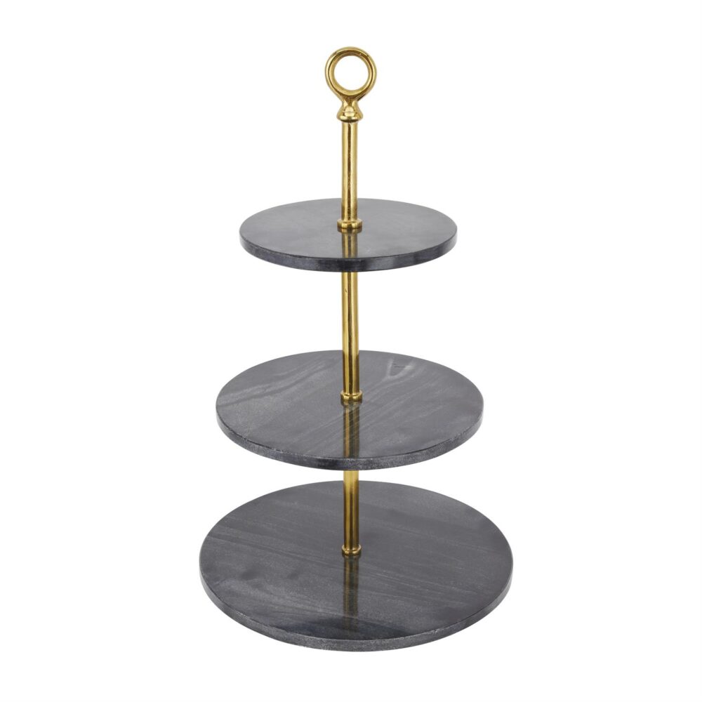 Gray Marble 3 Level Tiered Server with Gold Post, 14" x 14" x 27"