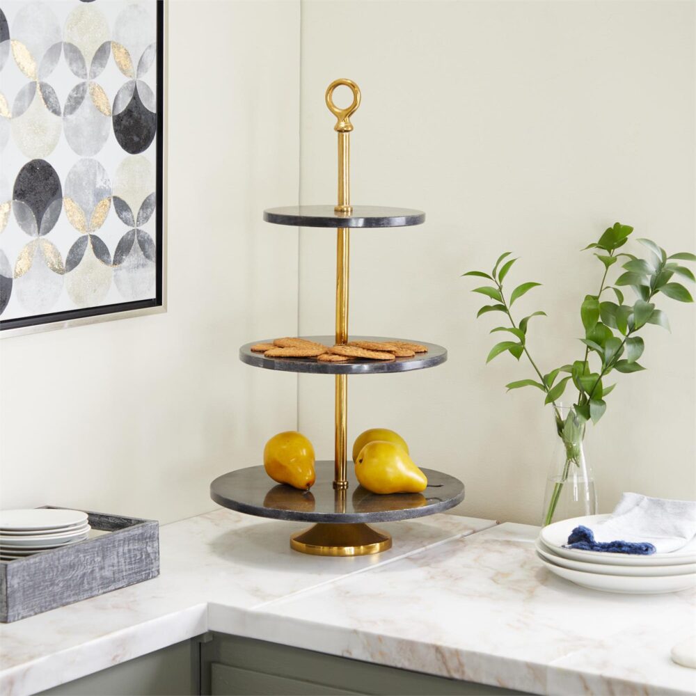 Gray Marble 3 Level Tiered Server with Gold Post, 14" x 14" x 27" - Image 2