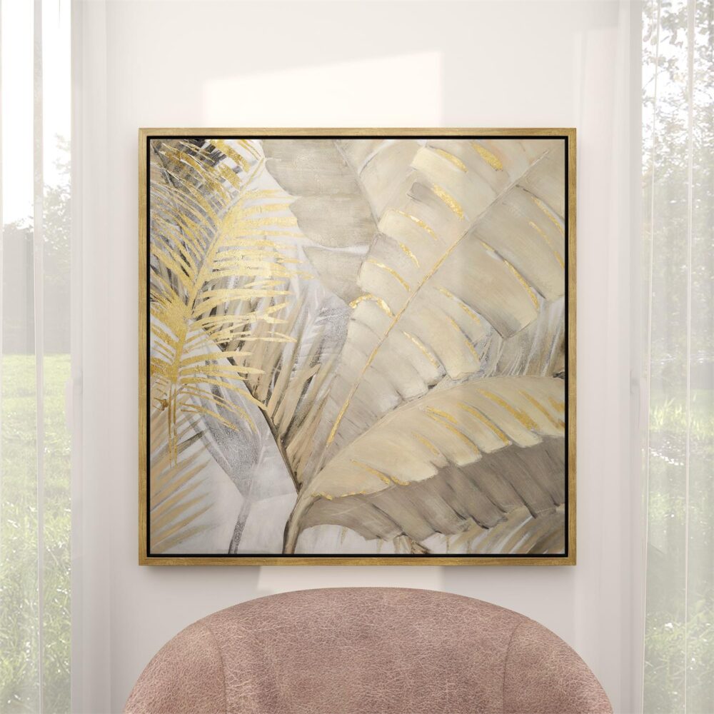 CosmoLiving by Cosmopolitan Brown Canvas Leaf Palm Living Room Framed Wall Art with Gold Frame, 40" x 2" x 40" - Image 2