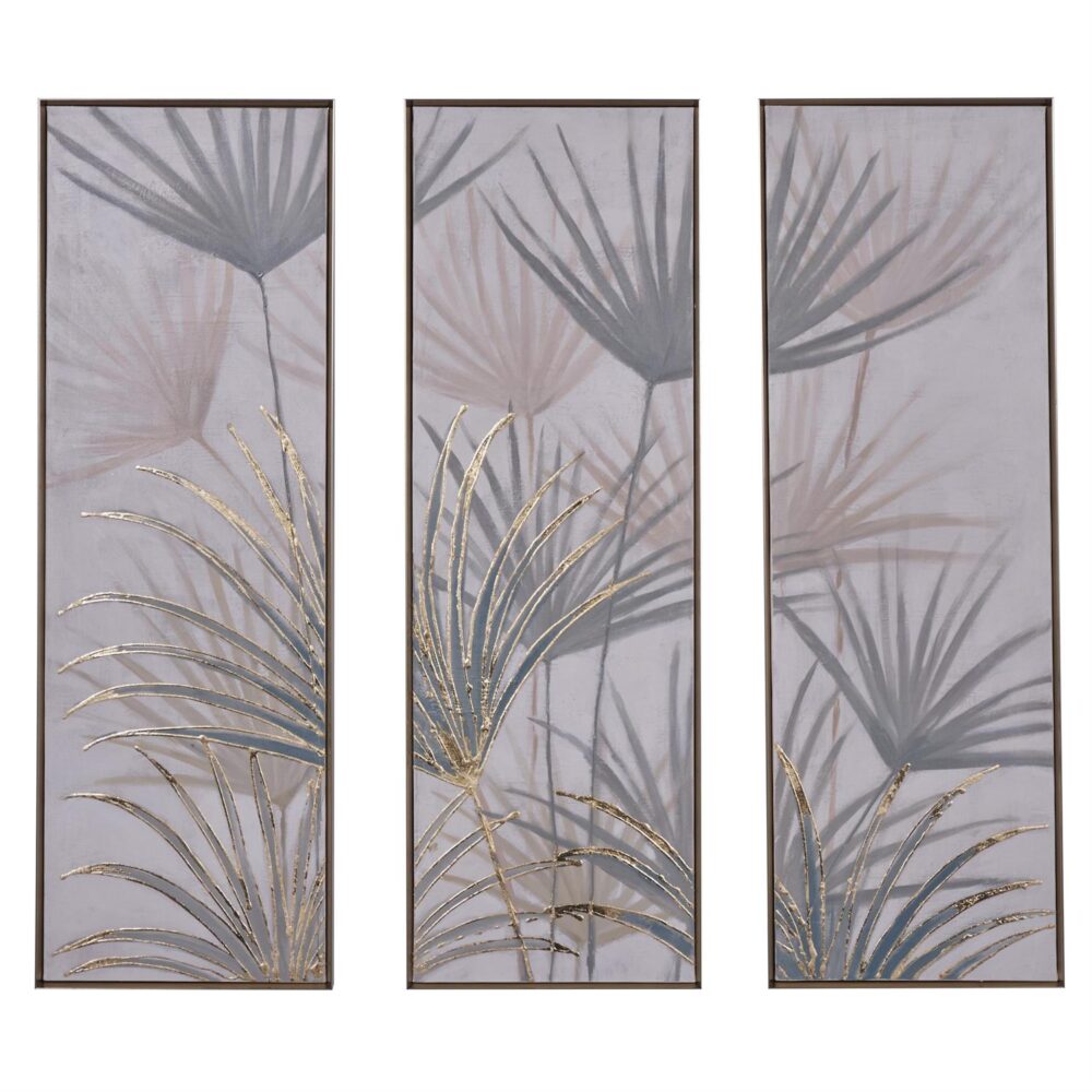 Brown Canvas Leaf Palm Framed Wall Art with Gold Frame, Set of 3 16"W, 47"H