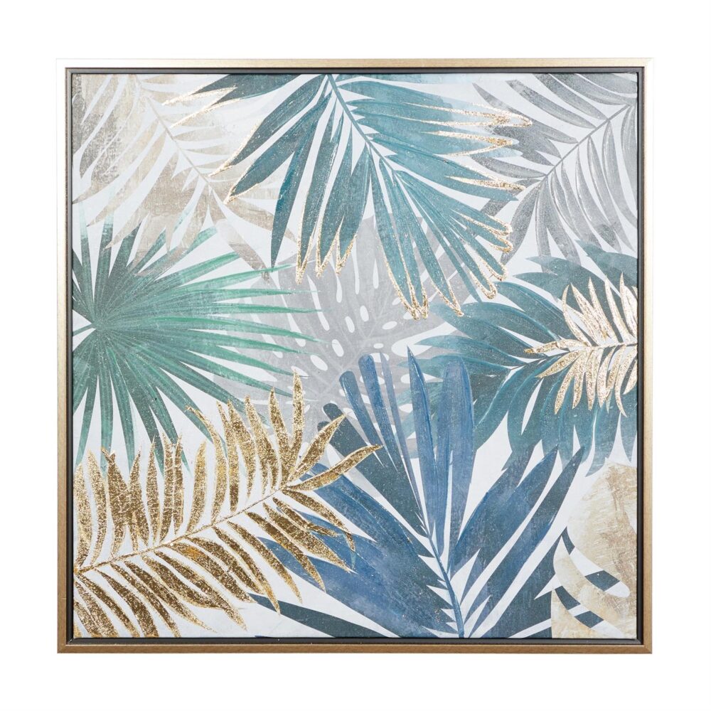 Blue Canvas Leaf Tropical Framed Wall Art with Gold Frame, 32" x 1" x 32"