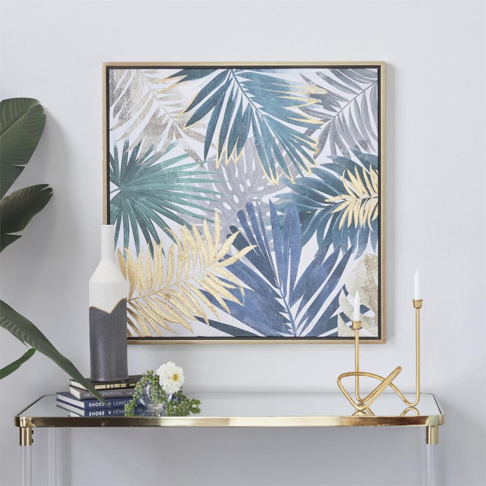 Blue Canvas Leaf Tropical Framed Wall Art with Gold Frame, 32" x 1" x 32" - Image 2