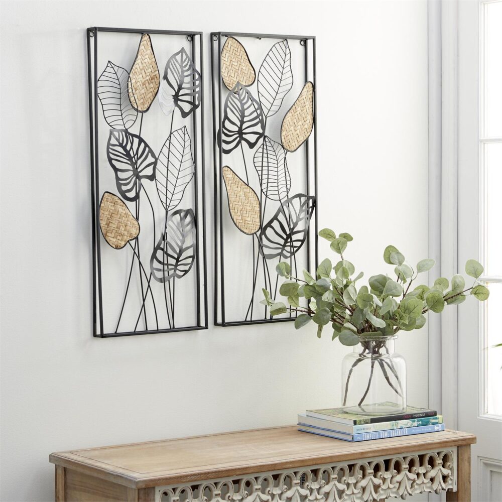Black Metal Leaf Tall Cut-Out Wall Decor with Intricate Laser Cut Designs, Set of 2 12"W, 30"H - Image 2