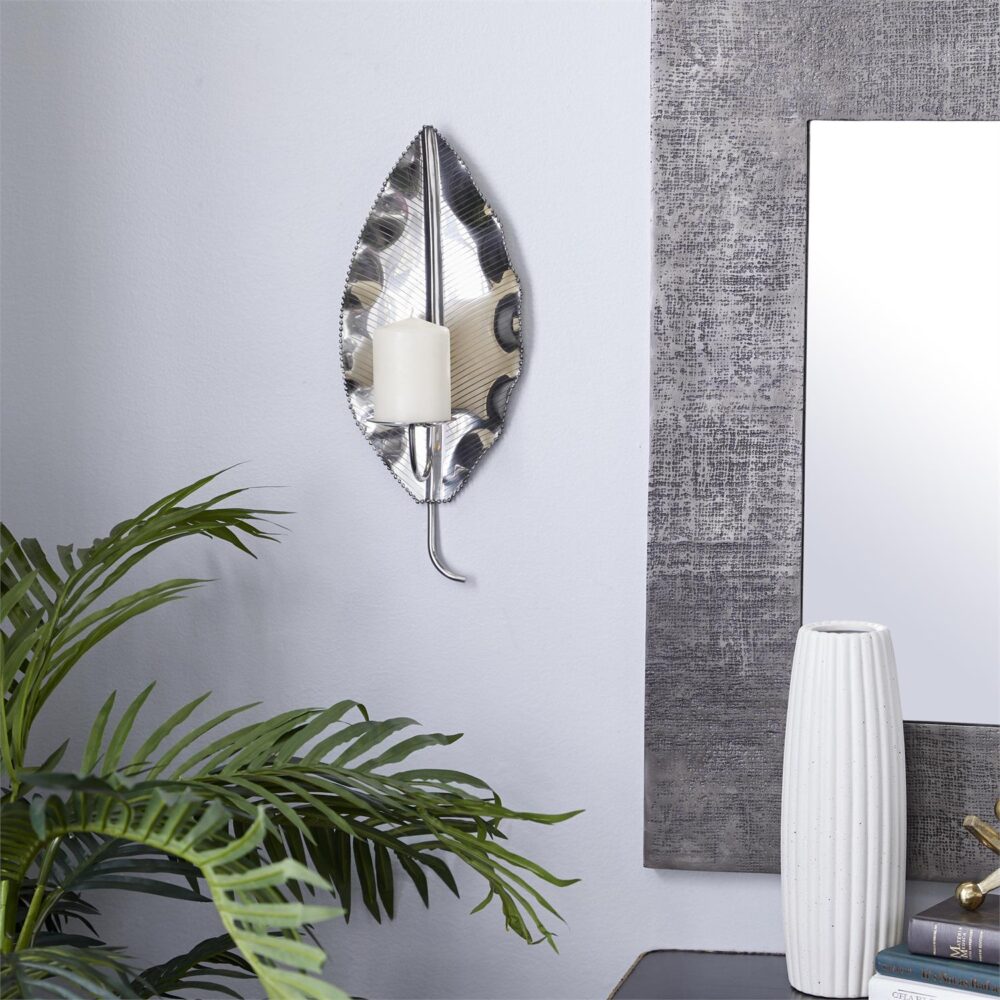 Silver Stainless Steel Pillar Wall Sconce with Hammered Design, 8" x 6" x 16" - Image 2