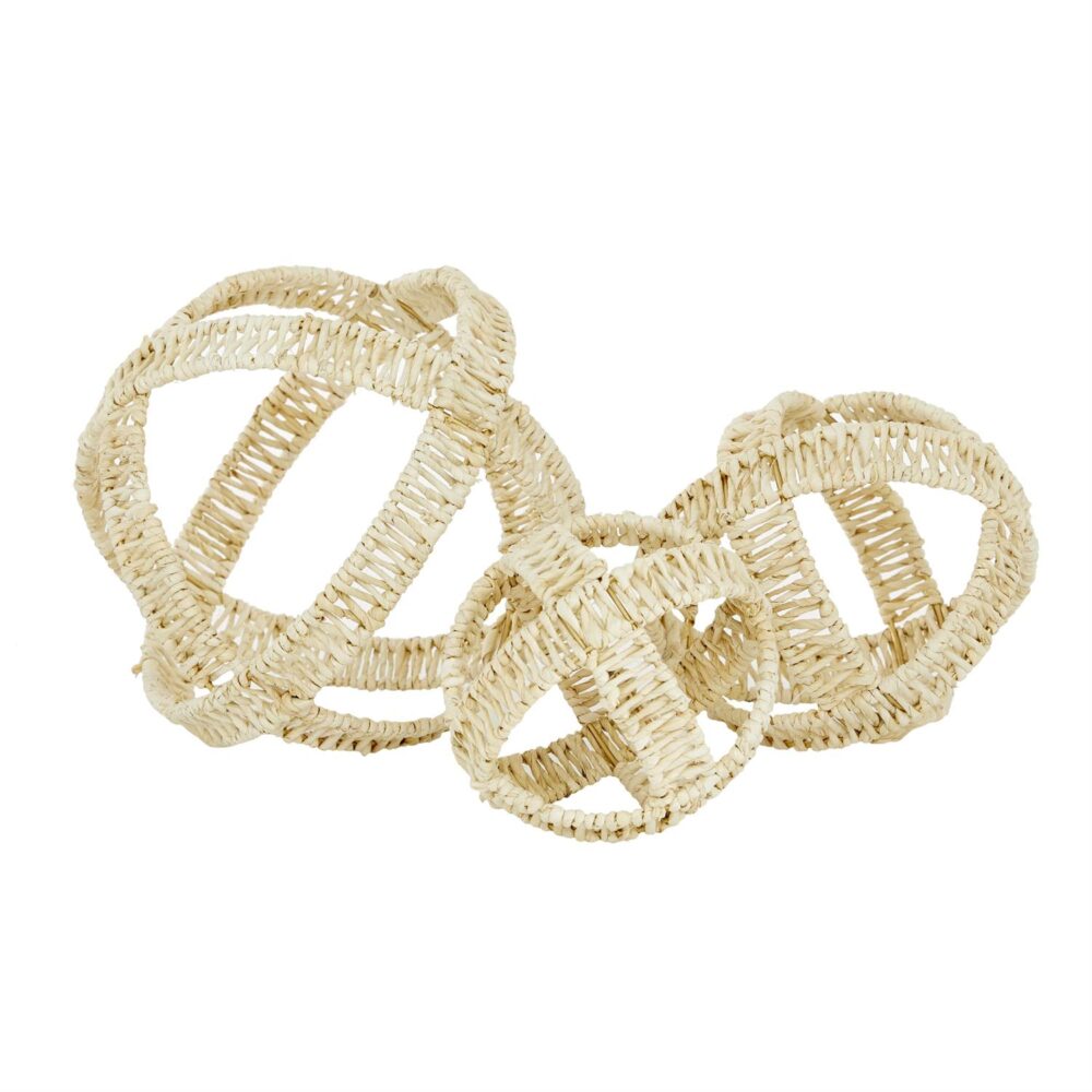 Cream Metal Geometric Handmade Woven Sculpture, Set of 3 9", 7", 5"H