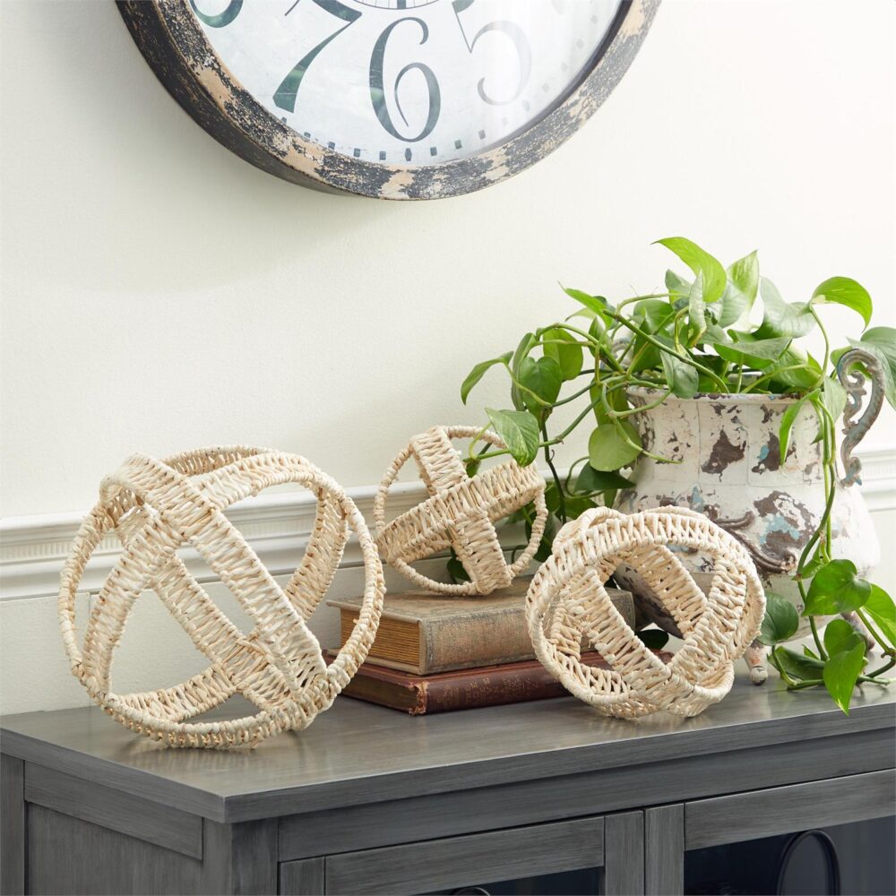 Cream Metal Geometric Handmade Woven Sculpture, Set of 3 9", 7", 5"H - Image 2