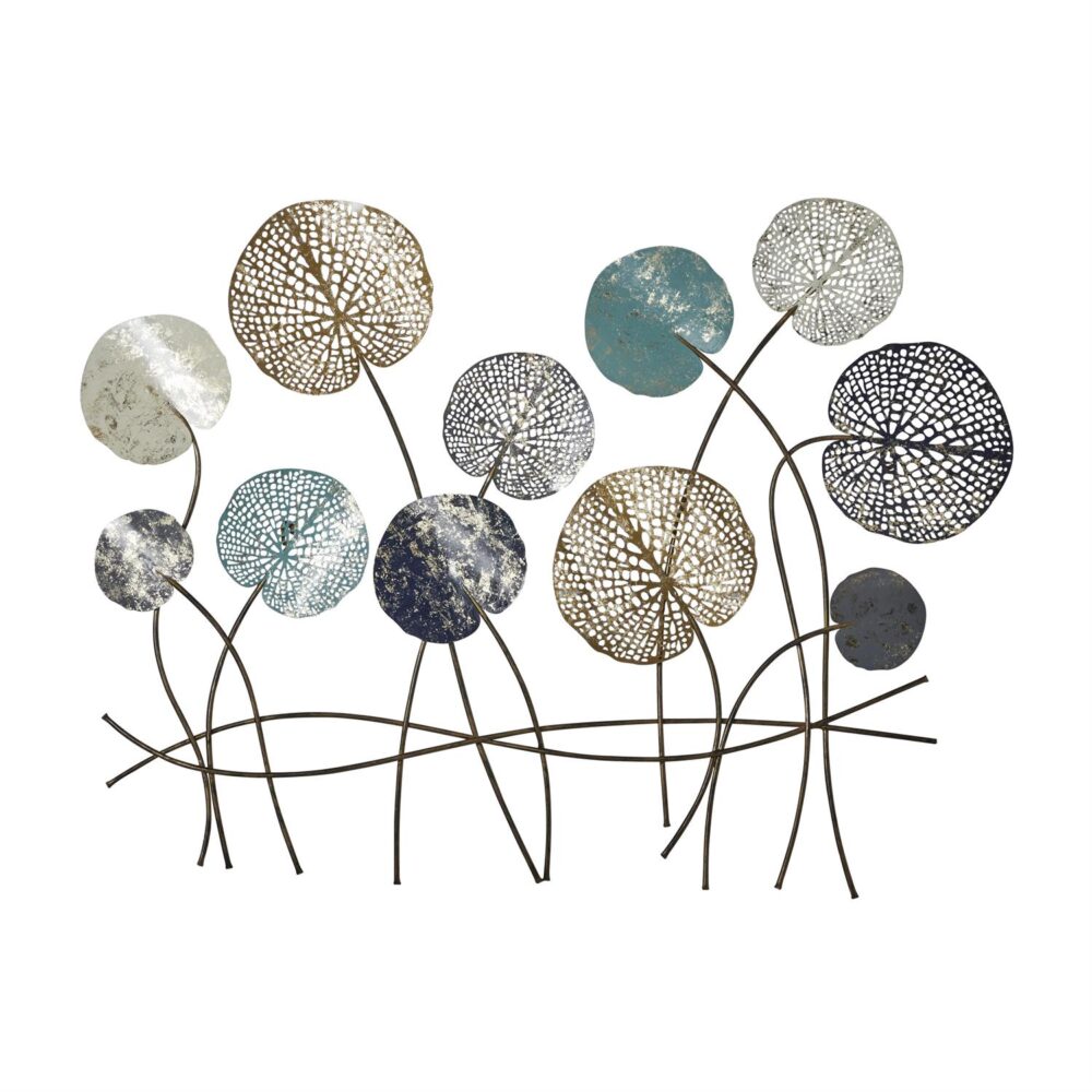 Blue Metal Floral Cutout Wall Decor with Gold Foil Accents, 38" x 1" x 29"