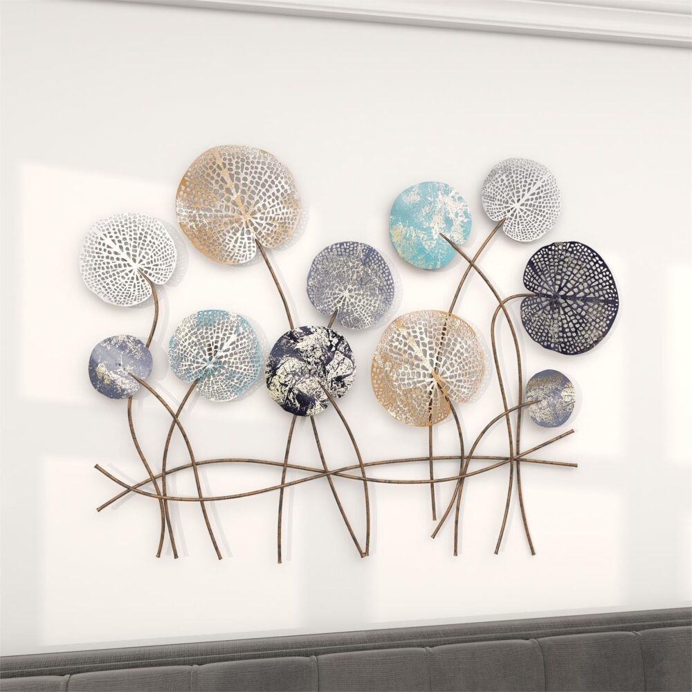 Blue Metal Floral Cutout Wall Decor with Gold Foil Accents, 38" x 1" x 29" - Image 2