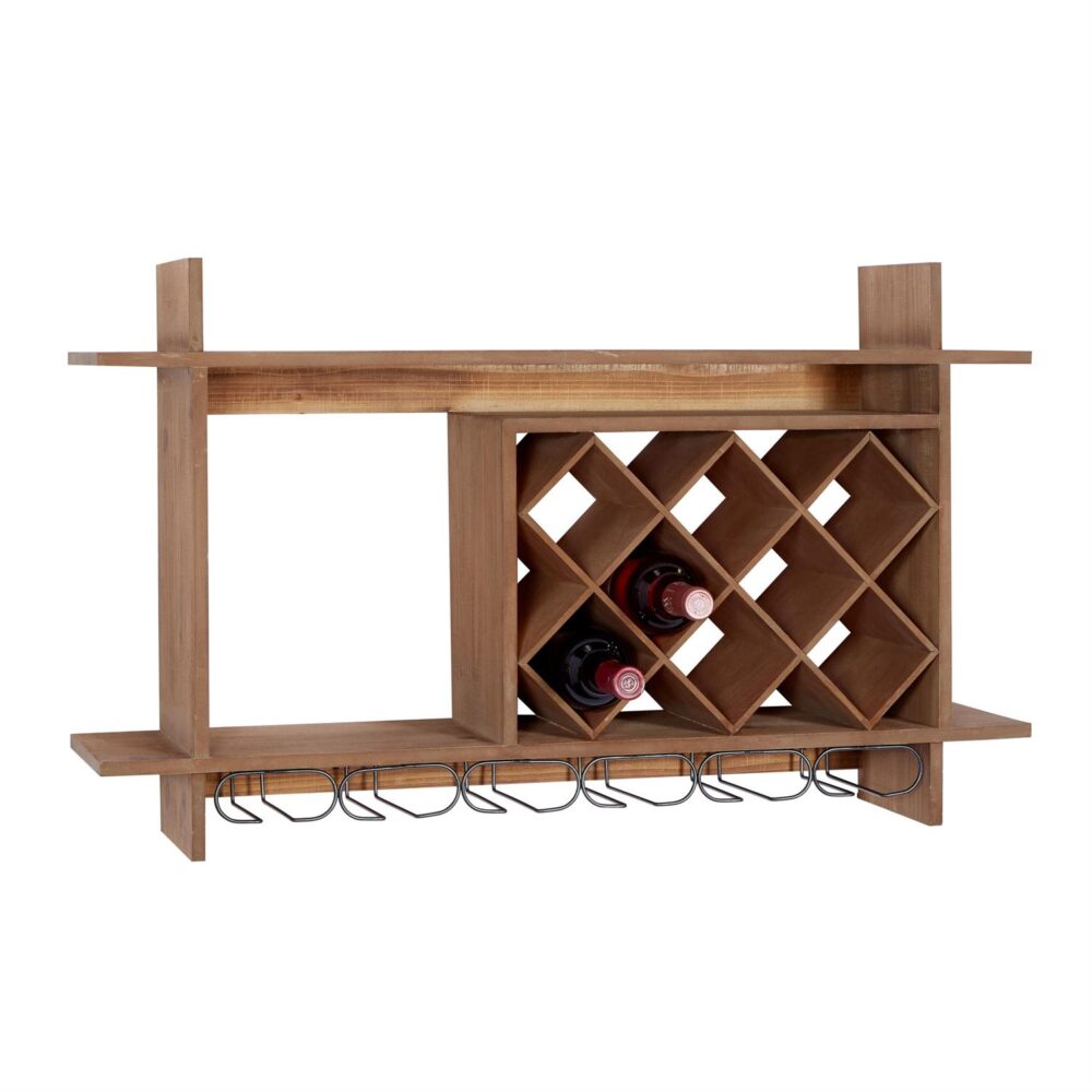 Brown Wood Geometric 8 Bottle Wall Wine Rack with 6 Glass Holder Slots