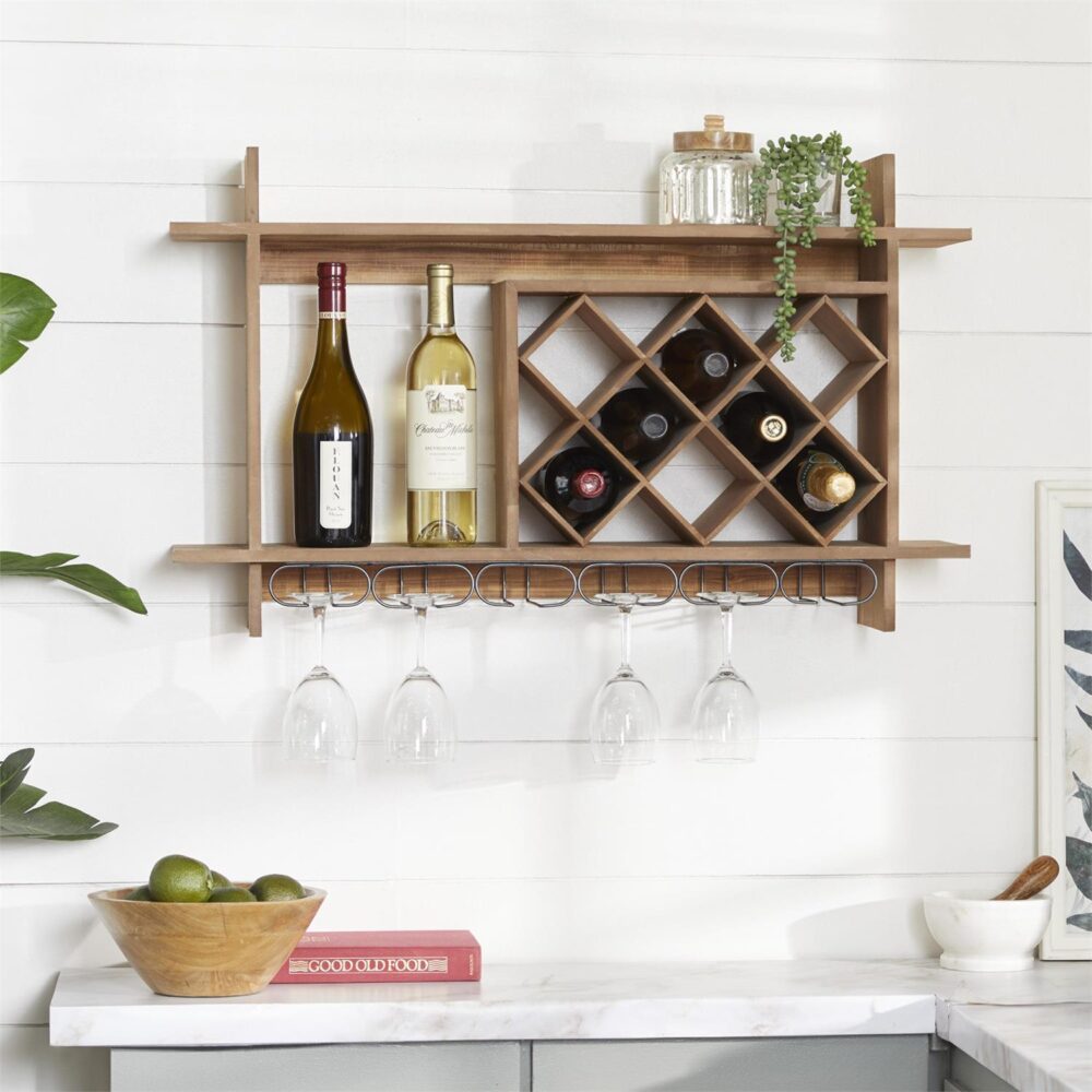 Brown Wood Geometric 8 Bottle Wall Wine Rack with 6 Glass Holder Slots - Image 2