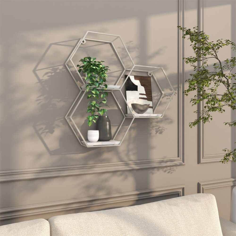 Silver Metal Geometric Hexagon Wall Shelf with 3 Marble Shelves - Image 2